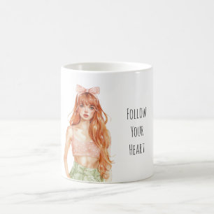 Caneca De Café Menina Ruiva Laço Rosa