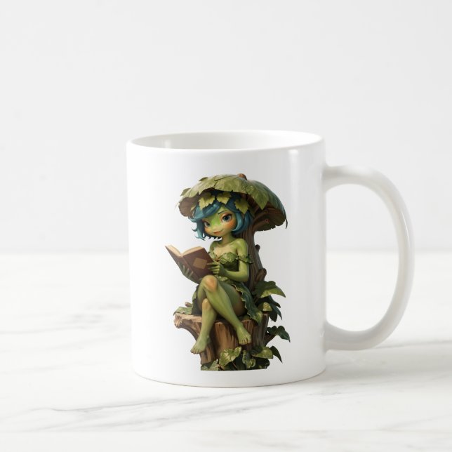 Caneca De Café Menina Sapo Fofa Lendo Livro Sob Folha (Direita)