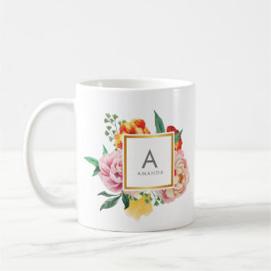 Caneca De Café Menina TRENDY Watercolor Peony Flowers Monograma