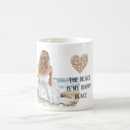 Caneca De Café Menina Vestido Praia Lugar Feliz Concha Coração