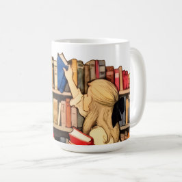 Caneca de Café Menina Vintage na Estante da Biblio