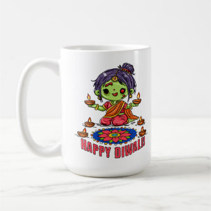 Caneca De Café Menina Zumbi Fofa Comemorando Diwali