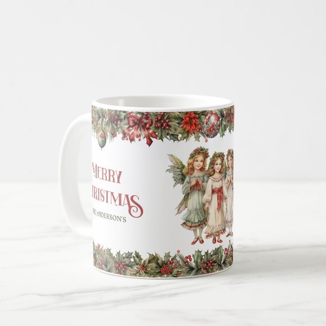 Caneca De Café Meninas Anjos Vitorianos de Natal com Sagrado (Frente Esquerda)