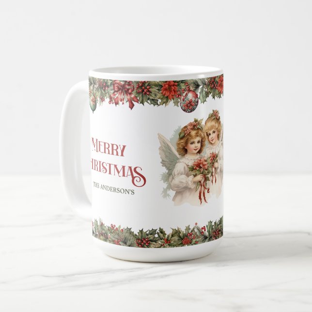 Caneca De Café Meninas Anjos Vitorianos de Natal com Sagrado (Frente Esquerda)