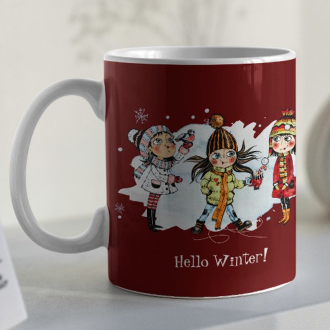 Caneca De Café Meninas bonitas no inverno com boneco de neve de N (Criador carregado)