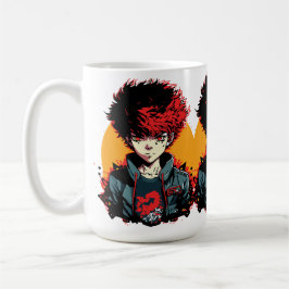 Caneca De Café Menino Anime: Ilustração de Cabelo Vermelho e Pret