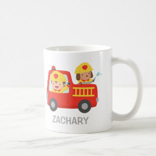 Caneca De Café Menino Bombeiro Fofo e Cachorro em Caminhão de Bom