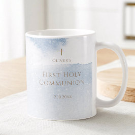 Caneca De Café Menino da Primeira Comunhão em Aquarela Azul