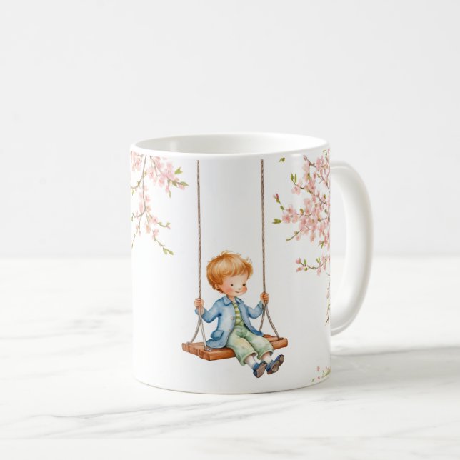 Caneca De Café Menino no balançoço Flor de Cerejeira (Frente Esquerda)