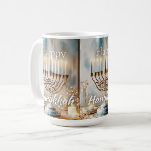 Caneca De Café Menorá Feliz Hanukkah Aquarela Luxo Moderno