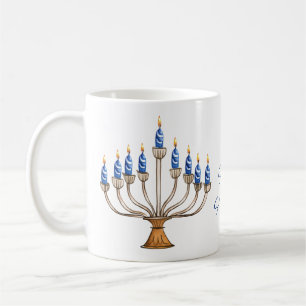 Caneca De Café Menorah com as velas queimadas Feliz Hanukkah