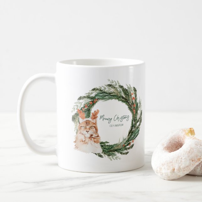 Caneca De Café Meowy Christmas | Feriado Monograma (Com Donut)