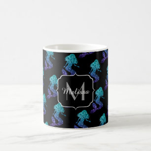 Caneca De Café Mermaid azul aqua ombre Padrão de brilho Monograma