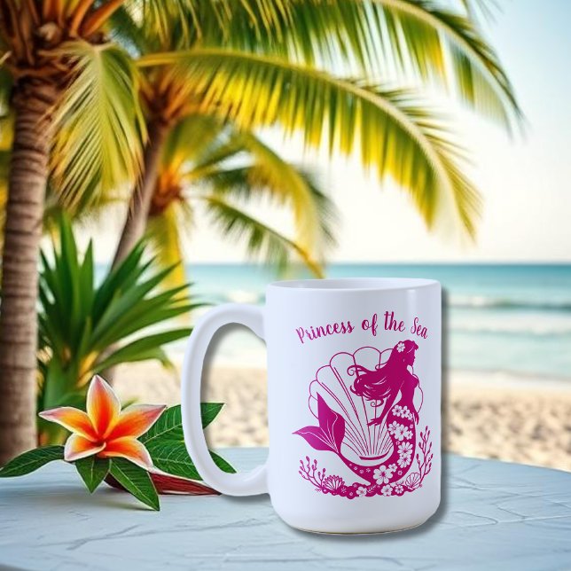 Caneca De Café Mermaid-Princesa do Mar Havaiana (Hawaiian Mermaid Tropical Flowers Sea Shells Coral, Summer Beach, Fisherman Trend Mug)