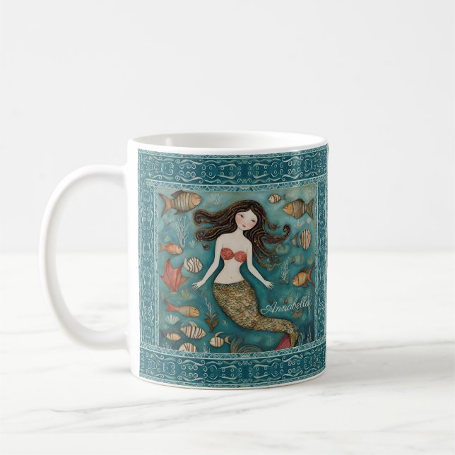 Caneca De Café Mermaid Watercolor Personalizada (Esquerda)