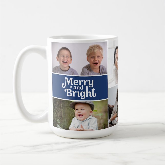 Caneca De Café Merry & Bright Multi-Photo Holiday Blue custom (Esquerda)