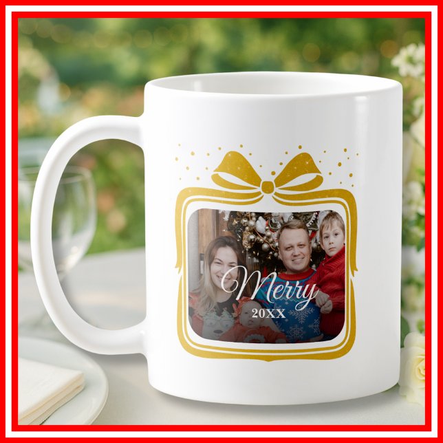 Caneca De Café  Merry Christmas Elegant Bow Present Photo Collage (Criador carregado)