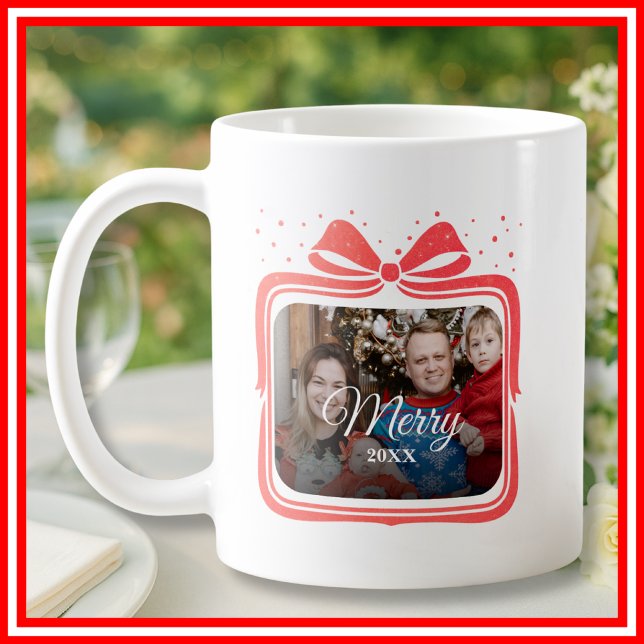 Caneca De Café  Merry Christmas Elegant Bow Present Photo Collage (Criador carregado)