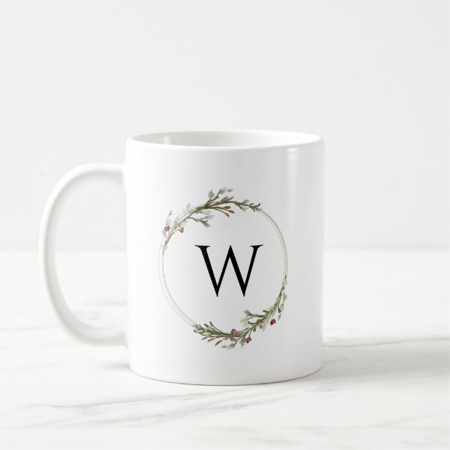 Caneca De Café Merry Christmas Minimalist Wreath Monogram (Esquerda)