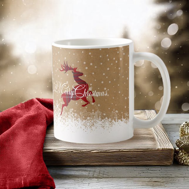 Caneca De Café Merry Christmas Reindeer Tartan Red/Kraft ID590 (Criador carregado)