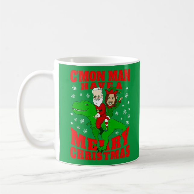 Caneca De Café merry christmas santa biden kamala harris dinosaur (Esquerda)