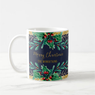 Caneca De Café Merry Christmas Script Marinho Dourado Red Waterco