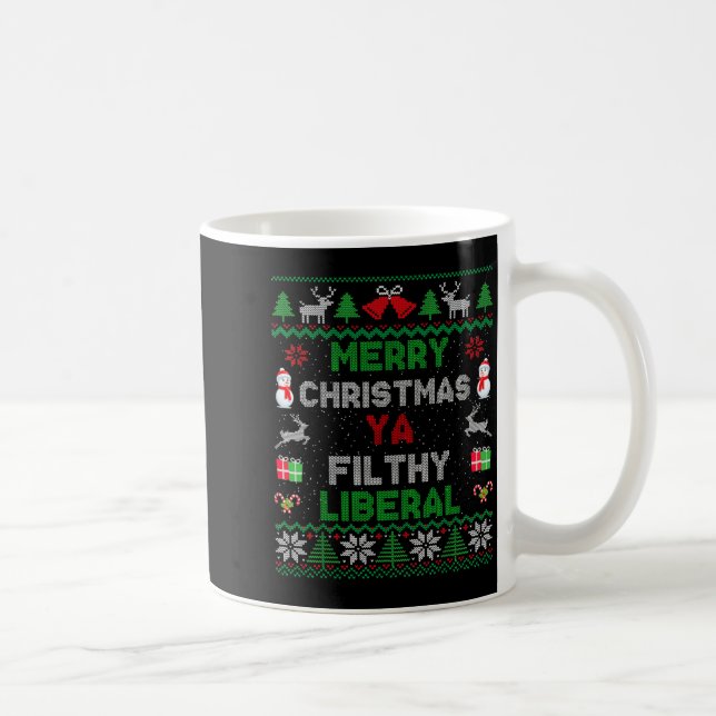 Caneca De Café Merry Christmas Ya Filthy Liberal Ugly Knit Long S (Direita)