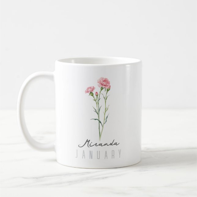 Caneca De Café Mês de Nascimento de Janeiro Flor com Nome - Crava (Esquerda)