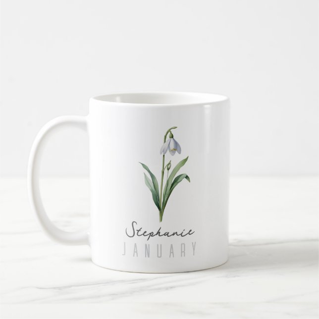 Caneca De Café Mês de Nascimento de Janeiro Flor com Nome - Neve (Esquerda)