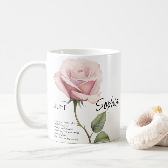 Caneca De Café Mês de Nascimento Flor de Junho Personalizada, (Com Donut)