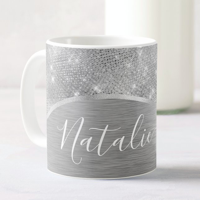 Caneca De Café Metálico Personalizado Da Glitter De Prata Glam (Criador carregado)