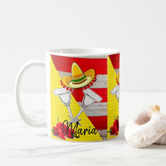 Caneca De Café Mexicano Feliz Hora Amarelo Stripe Mug (Com Donut)