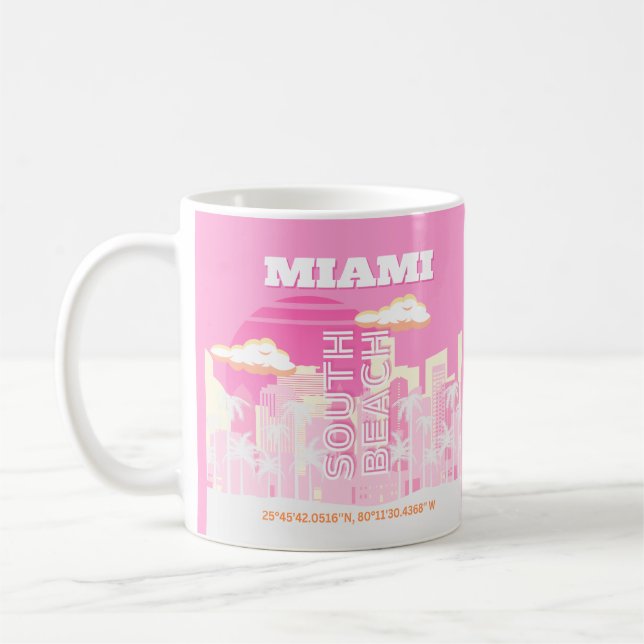 Caneca De Café Miami Beach, Miami Viagem Art, Preppy, rosa (Esquerda)