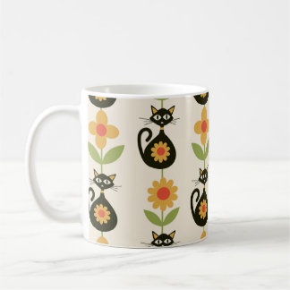 Caneca De Café Mid Century Atomic Cats with Retro Orange flowers 