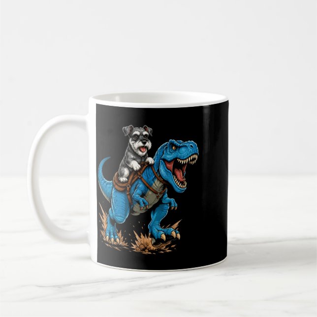 Caneca De Café Miniature Schnauzer Montando T Rex Dinossauro Engr (Esquerda)
