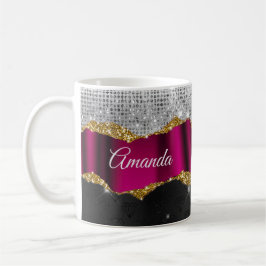 Caneca De Café Minigrama de prata azul Faux Monograma preto Fuchs