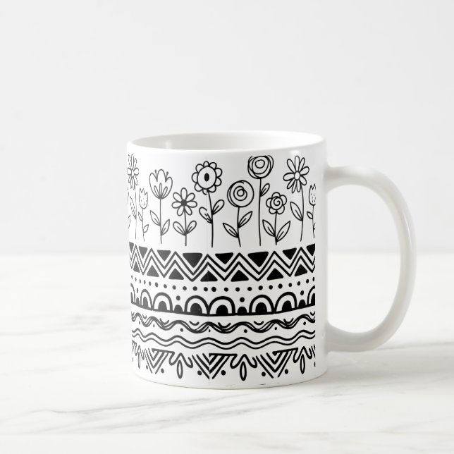 Caneca De Café Minimal Floral Folk Pattern Mug – Boho Line Art  (Direita)