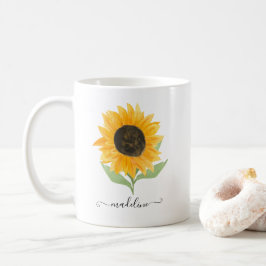 Caneca De Café Minimal Rustic Sunflower Personalized Name Script