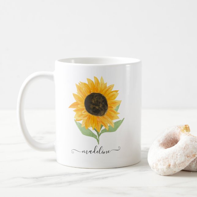 Caneca De Café Minimal Rustic Sunflower Personalized Name Script (Com Donut)