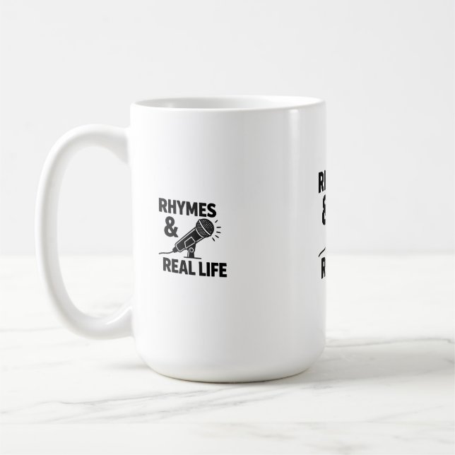 Caneca De Café Minimalist Black & White “RHYPES & REAL LIFE” Micr (Esquerda)