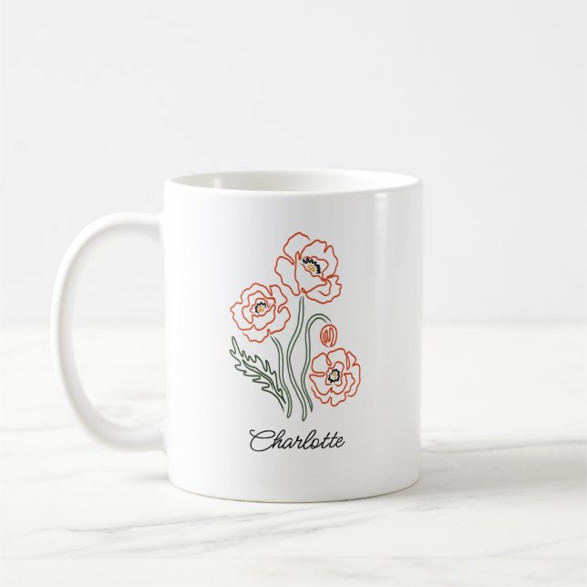 Caneca De Café Minimalist Red Poppy Line Art Custom Name Mug (Esquerda)