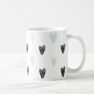 Caneca De Café Mint & Black Hearts Doodles Pattern Girly Mug