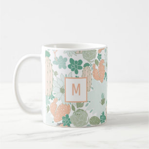 Caneca De Café Mint Monograma de Padrão de Cactus Cute
