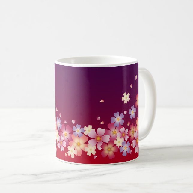 Caneca De Café Mistura Sakura Blossoms Kimono Style Red & Purple (Frente Esquerda)