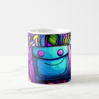 Caneca De Café mochila azul rodeada de suprimentos escolares colo