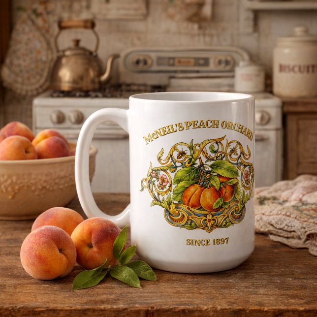 Caneca De Café Modelo de rótulo de pomar de pêssego da era vitori (Criador carregado)