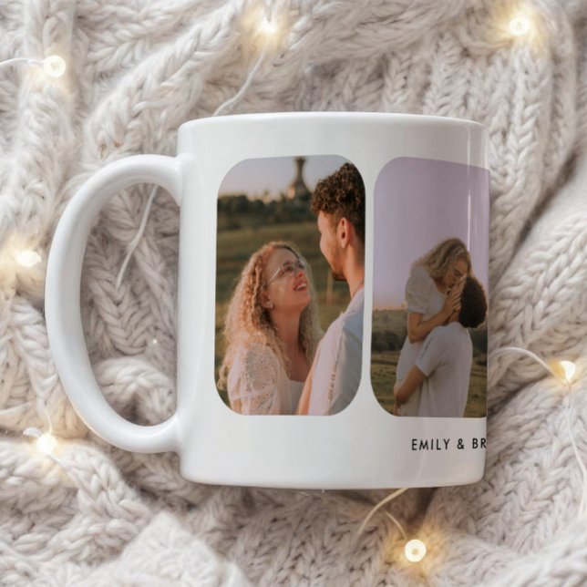 Caneca De Café Modern 4-Photo Wedding Couple Names (Criador carregado)