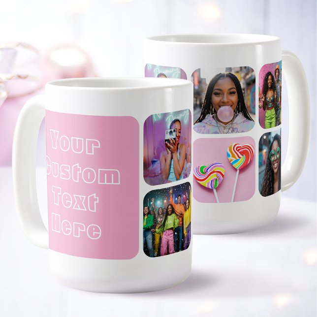 Caneca De Café Modern 6 Custom Photo Text Besties Retro Pink (Criador carregado)