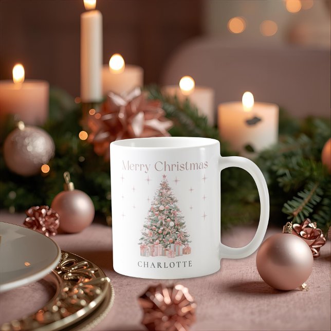 Caneca De Café Modern Blush Christmas Tree – Personalized Holiday (Criador carregado)