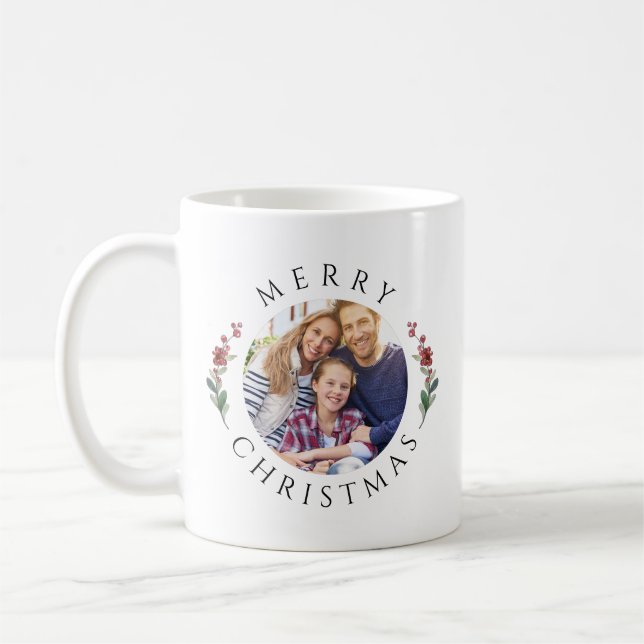 Caneca De Café Modern Botanical Wreath Photo Christmas (Esquerda)